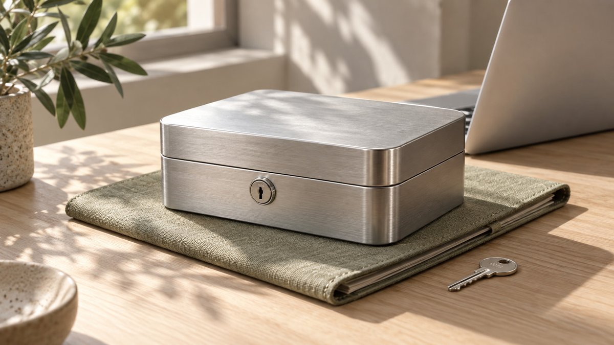 Verschlossene Dokumentenbox mit Schlüssel auf einem sonnigen Schreibtisch.