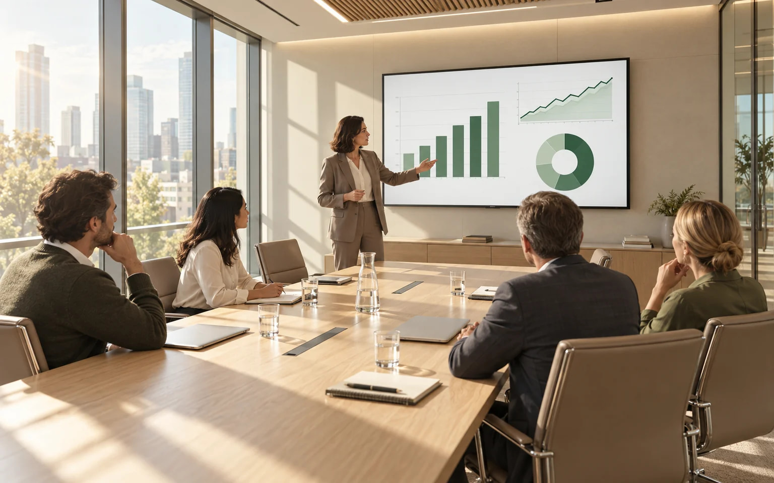 Finance-Präsentation mit Finanzdiagrammen in einem großen, sonnigen Konferenzraum