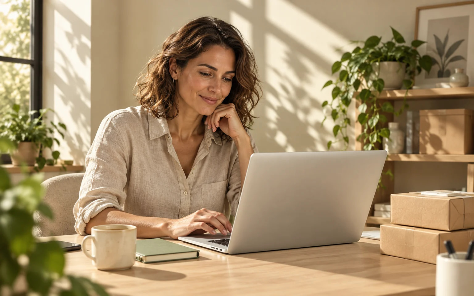 Unternehmerin am Laptop in einem sonnigen Büro mit Versandpaketen