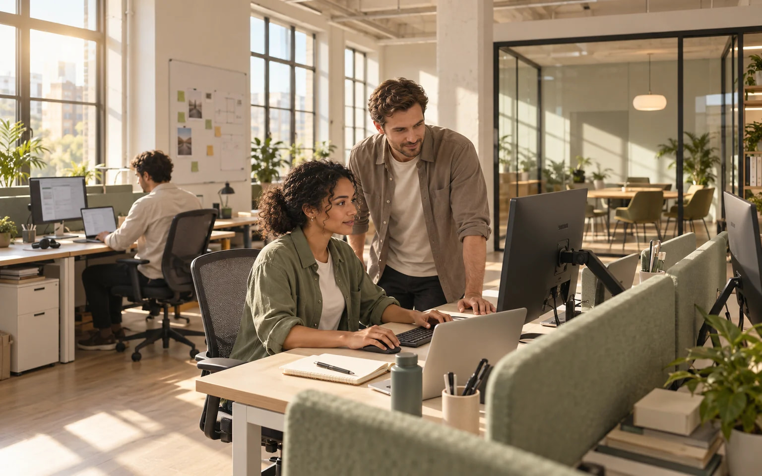 Startup-Team bei der Arbeit an Monitoren in einem sonnigen Gemeinschaftsbüro