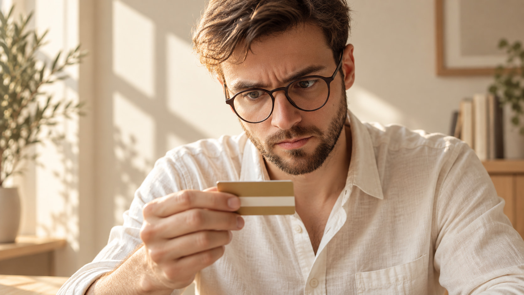 Mann mit Brille betrachtet eine Bankkarte im warmen Fensterlicht