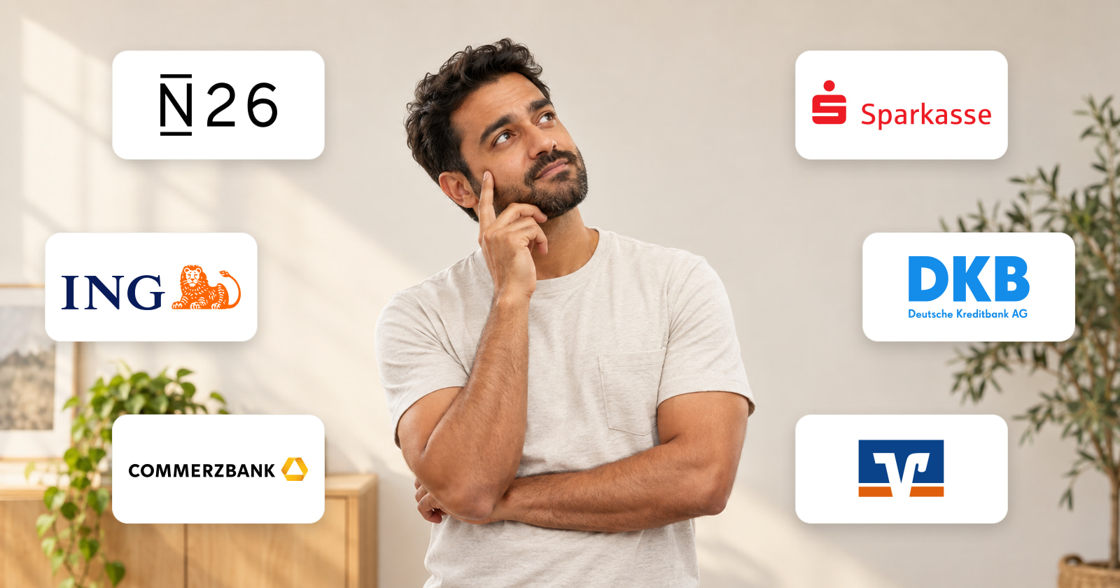 Nachdenklicher Mann mit Finger an der Wange blickt nach oben, umgeben von den Logos von N26, Sparkasse, ING, DKB, Commerzbank und Volksbank Raiffeisenbank
