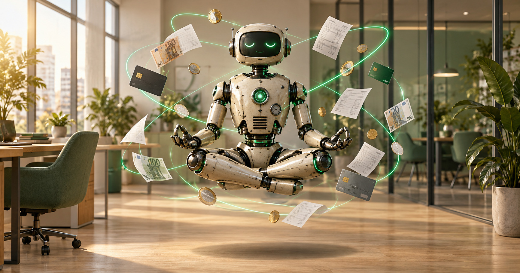 Ein Retro-Roboter mit grünen LED-Akzenten schwebt im Lotussitz über dem Boden eines sonnigen Büros. Dokumente, Kreditkarten, Geldscheine und Münzen umkreisen ihn auf atomförmigen grünen Lichtbahnen.