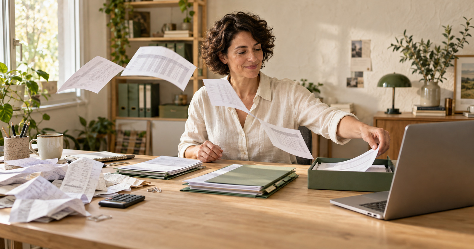 Eine Frau sortiert Papierbelege in grüne Ablagen am Laptop, ein Bogen aus Papier verbindet das Belegchaos mit der geordneten Seite
