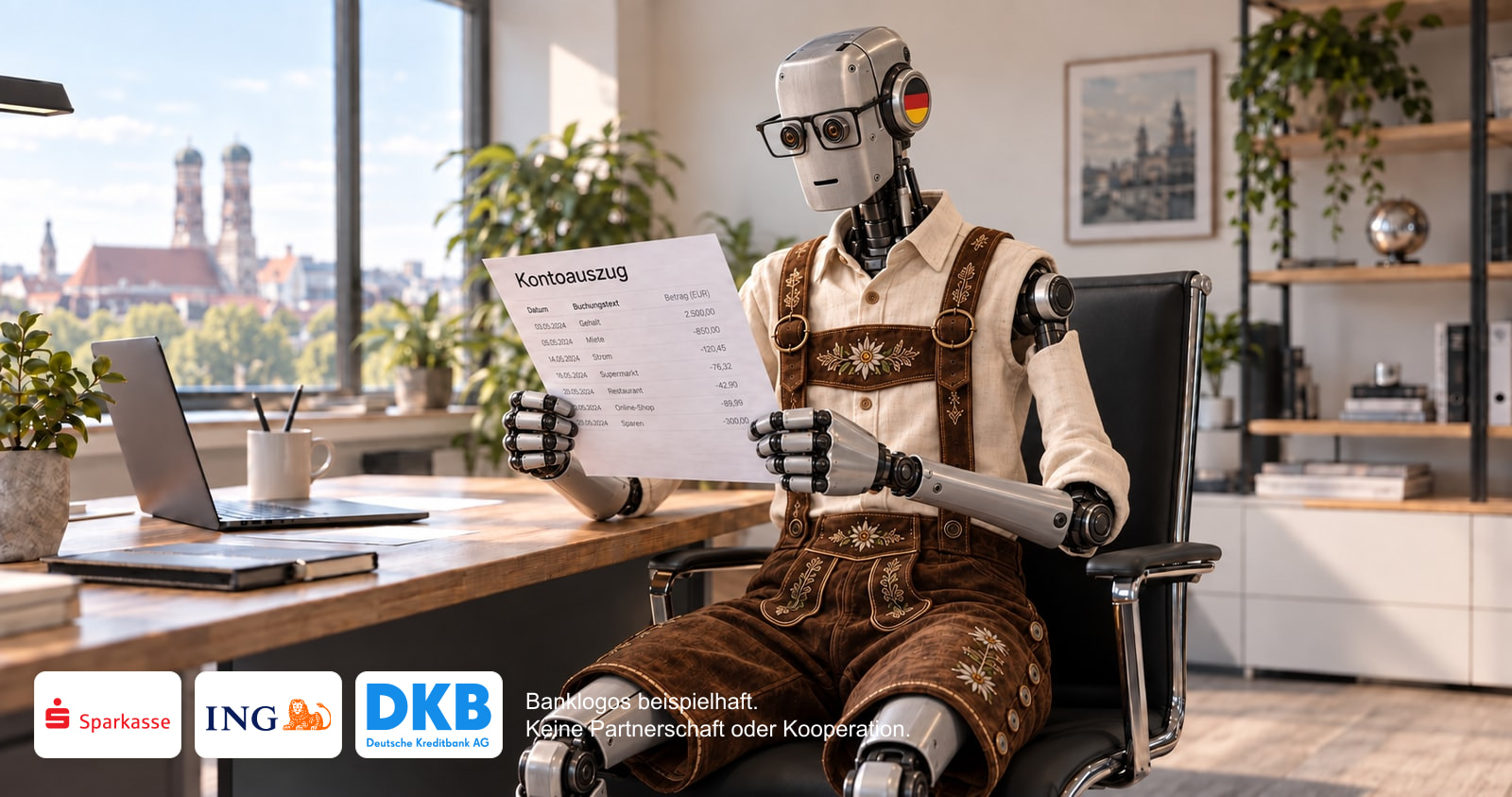 Ein schlanker Roboter mit Brille, Lederhose und Deutschlandflagge am Ohr liest einen Kontoauszug im Büro; vorne stehen die Logos von Sparkasse, ING und DKB.