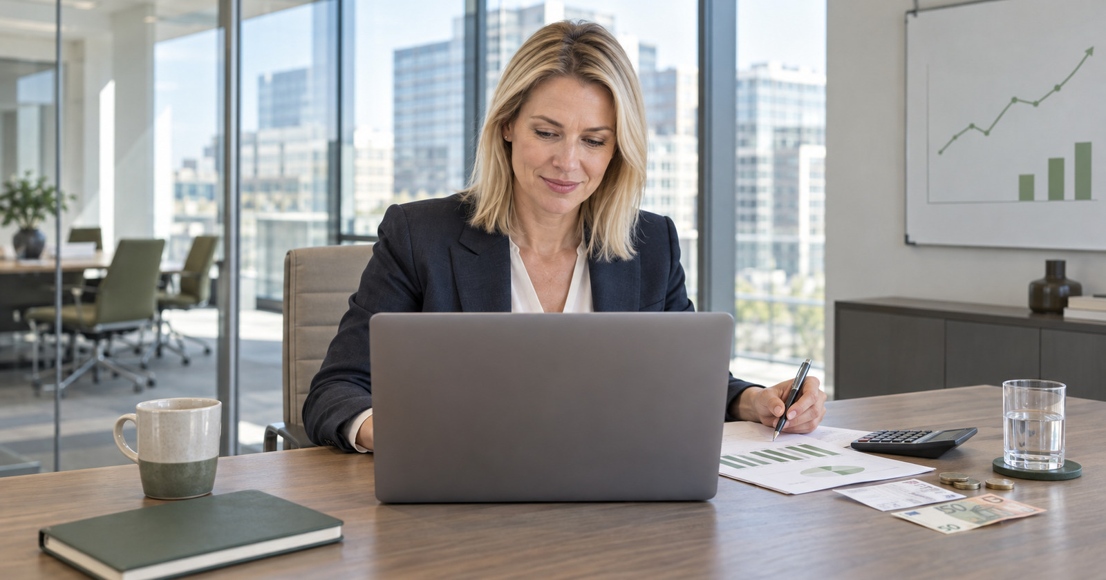 Eine blonde Geschäftsfrau im Blazer arbeitet im Büro an einem zu ihr ausgerichteten Laptop, neben ihr liegen Finanzdiagramme, ein Taschenrechner und etwas Bargeld