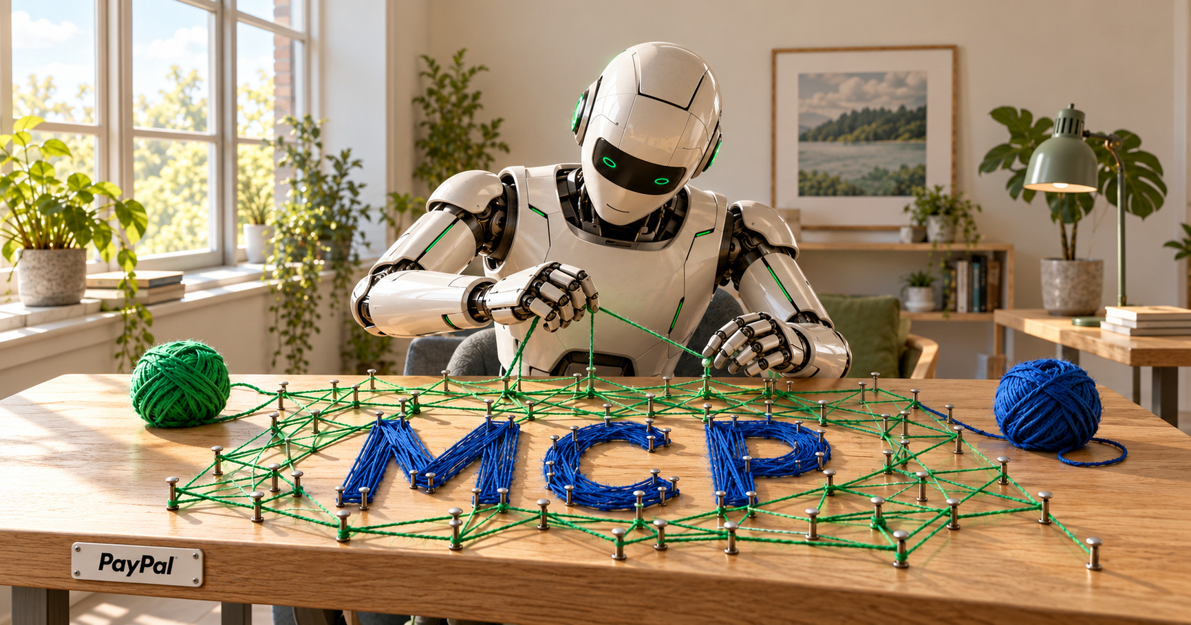 Ein humanoider Roboter spannt grünes Garn zwischen Nägeln auf einem Holztisch. Blaues Garn formt „MCP“; vorne am Tisch ist ein PayPal-Schild befestigt.