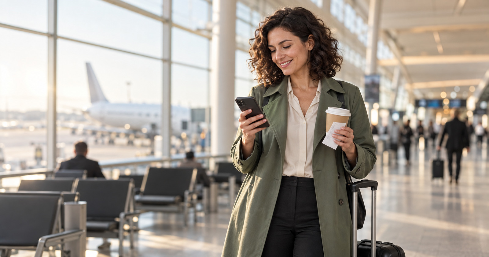 Eine lächelnde Geschäftsreisende am Flughafen mit Kaffeebecher, Smartphone und Handgepäck