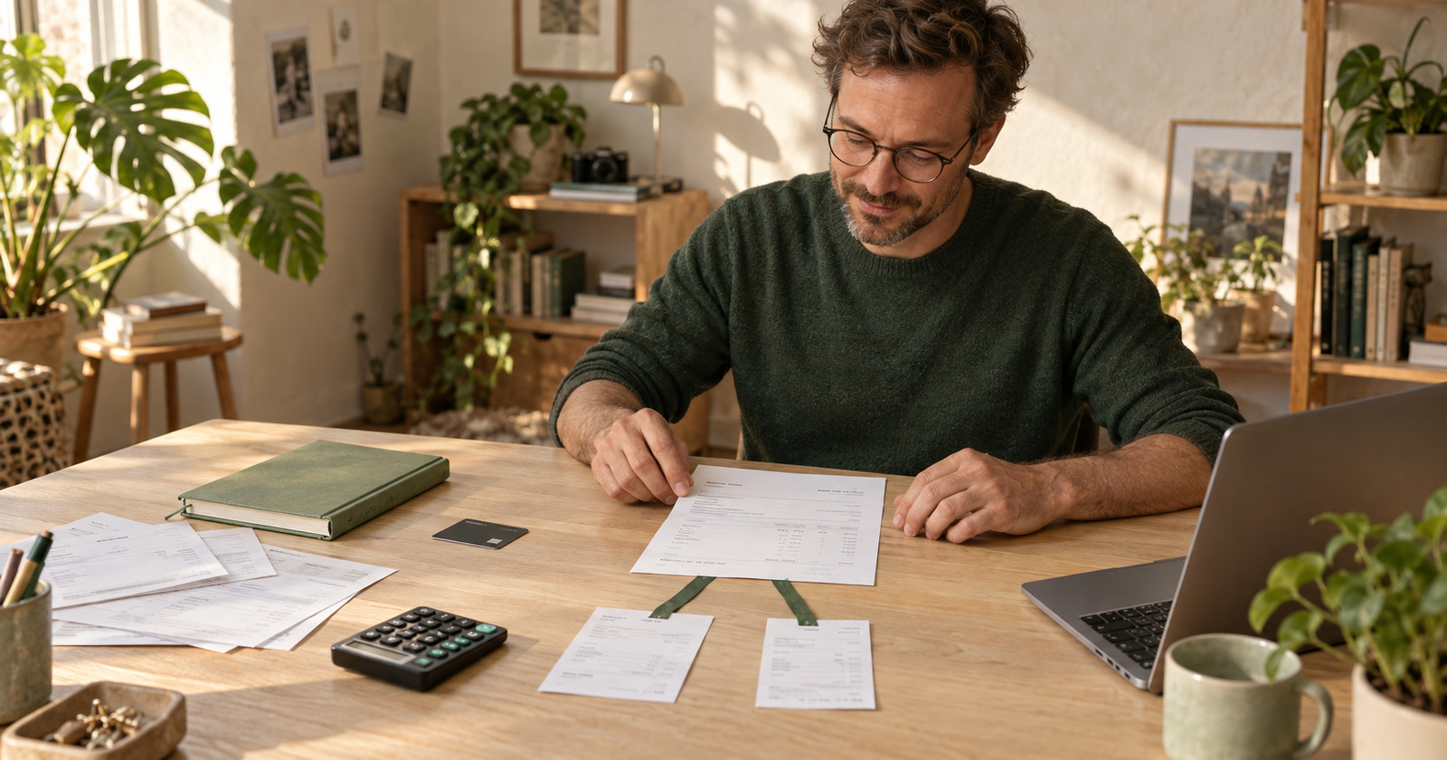 Ein Mann gleicht eine Rechnung mit zwei Zahlungsbelegen ab, grüne Bänder verbinden die Papiere neben seinem Laptop