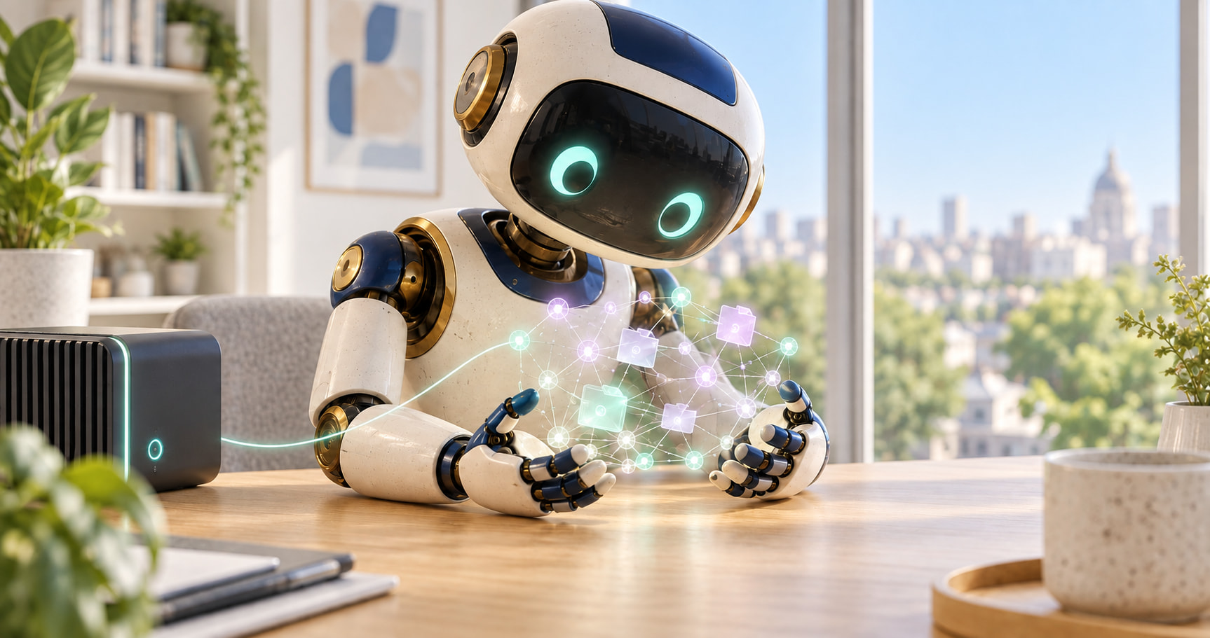 Ein freundlicher Roboter hält eine zarte Datenkonstellation in seinen Händen, verbunden mit einem kleinen Server – an einem hellen Holztisch im Tageslicht.