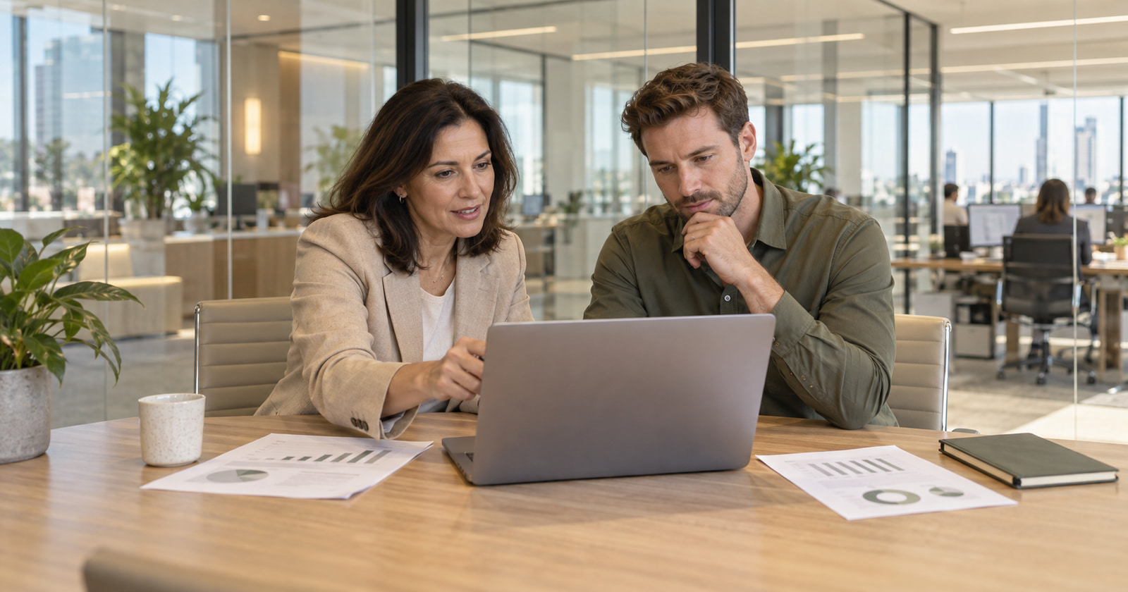 Zwei Kollegen besprechen Zahlen an einem Laptop, mit gedruckten Diagrammen auf dem Tisch eines modernen Büros.