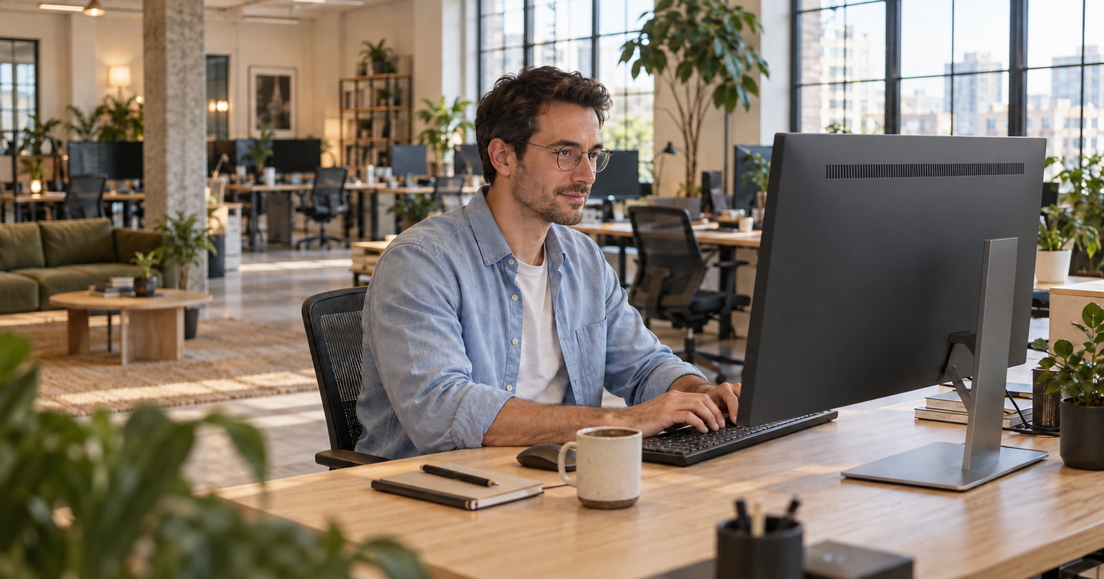 Mann mit Brille an einem großen Monitor und einem Holztisch in einem hellen, offenen Büro.