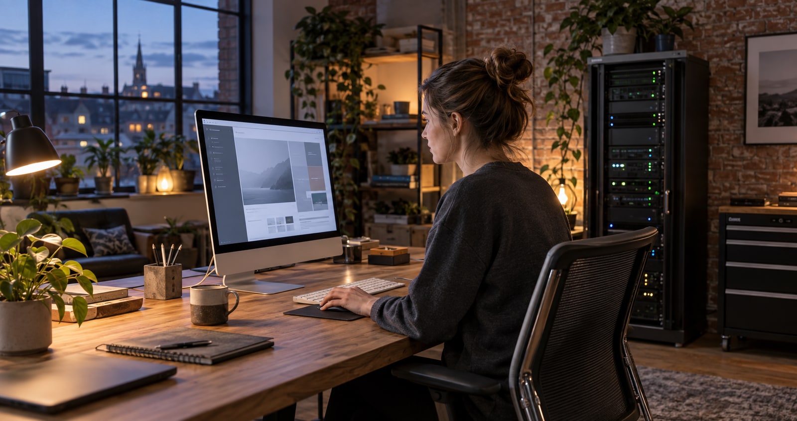 Frau an einem iMac auf einem Holztisch bei Abendlicht; dahinter stehen ein Serverschrank und eine Backsteinwand.