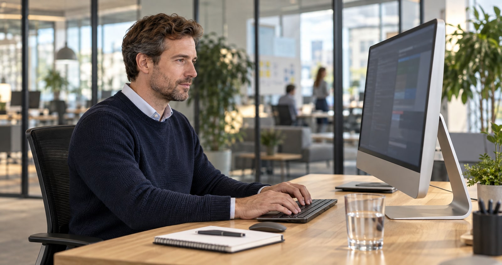 Mann an einem Computer mit Codeansicht in einem modernen Büro mit gläsernen Trennwänden.