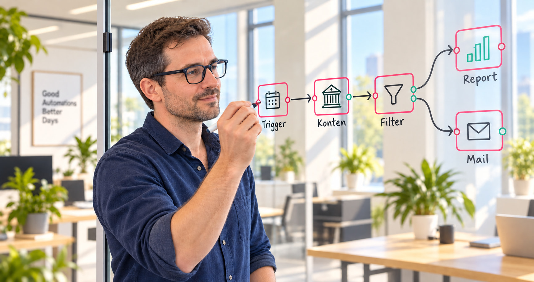 Ein Mann mit Brille zeichnet ein verzweigtes Workflow-Diagramm mit verbundenen Knoten auf ein Glaswhiteboard in einem hellen, modernen Büro.