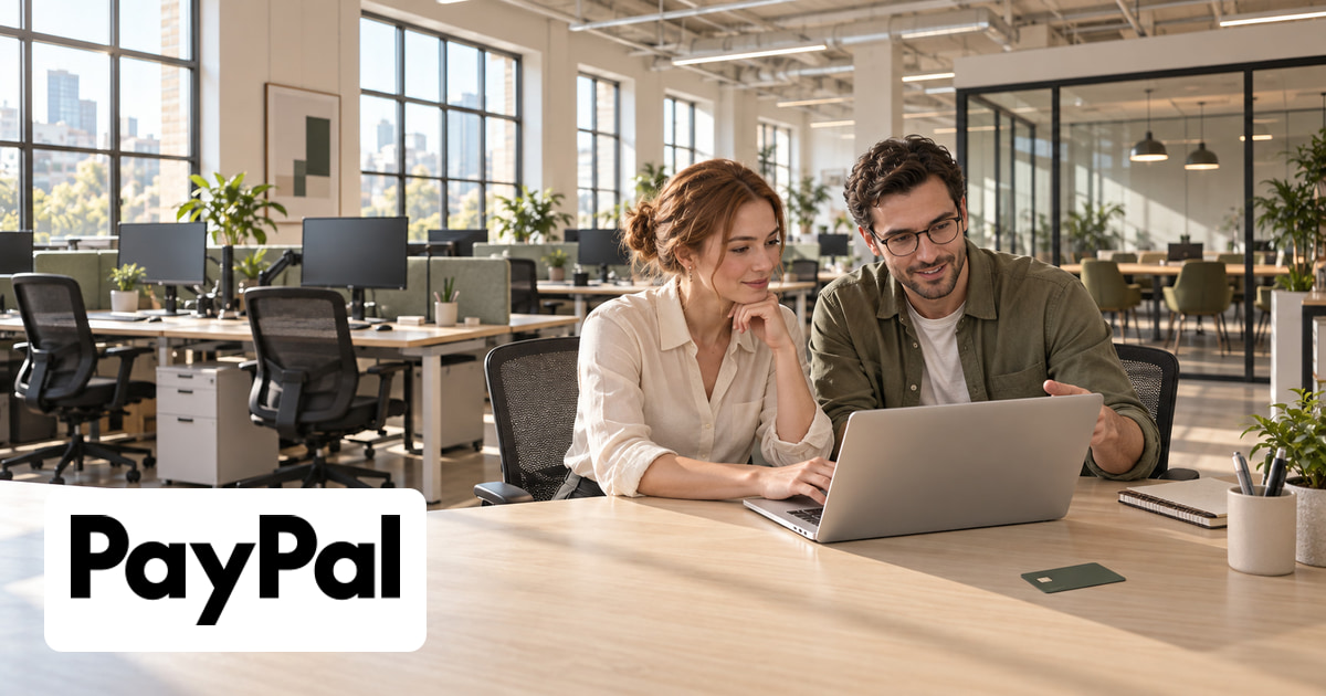 Ein Mann und eine Frau gemeinsam am Laptop im Büro, eine Kreditkarte auf dem Tisch und das Logo von PayPal unten links.