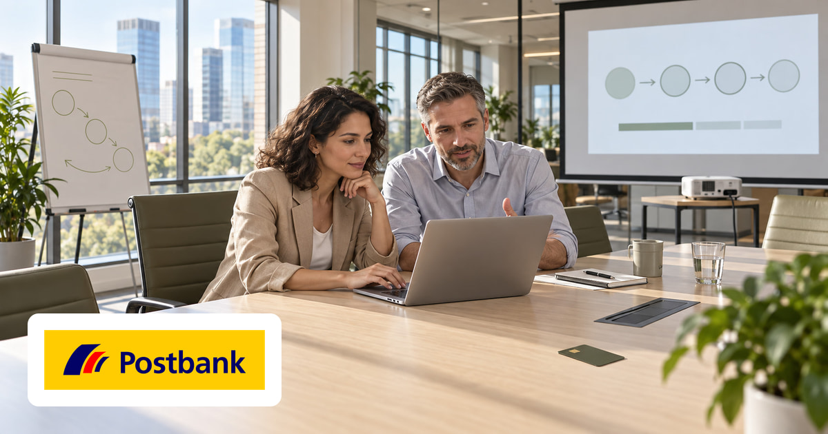 Ein Mann und eine Frau gemeinsam am Laptop im Büro, eine Kreditkarte auf dem Tisch und das Logo von Postbank unten links.