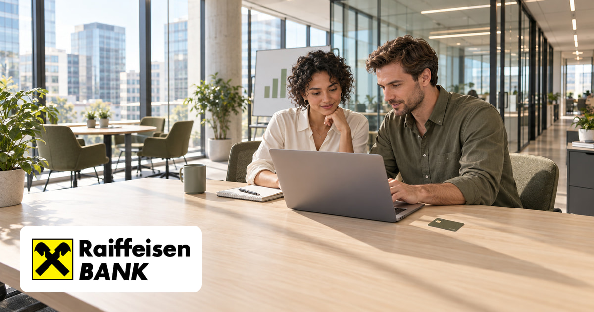 Ein Mann und eine Frau gemeinsam am Laptop im Büro, eine Kreditkarte auf dem Tisch und das Logo von Raiffeisen Österreich unten links.